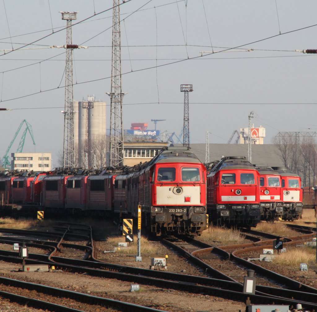 Neben 232 283-2 sind 232 686-6,232 428-3 UND 232 109-9 abgestellt in Rostock-Toitenwinkel,laut aussage von einem DB-Mitarbeiter werden die Lok´s nicht mehr gebraucht auch die Dresdener 180er sollen zerlegt werden.06.04.2012 
