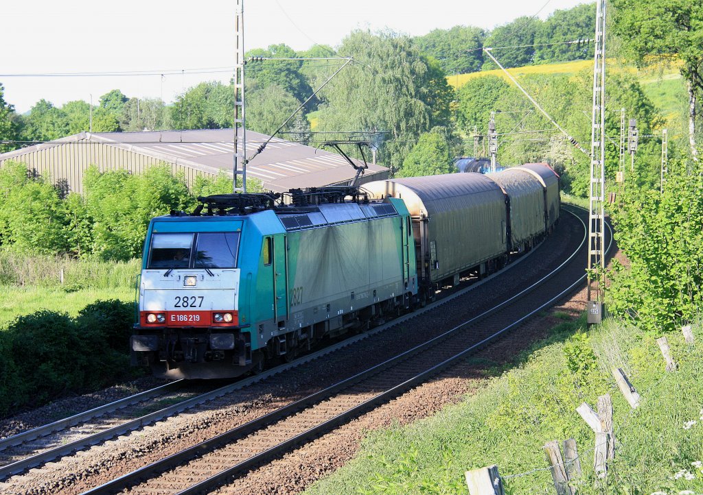 Nochmal:die Cobra 2827 kommt die Gemmenicher-Rampe mit einem gemischten Gterzug von Aachen-West und fhrt nach Antwerpen-Noord(B) und fhrt gleich in den Gemmenicher-Tunnel hinein bei Sommerwetter.
Aufgenommen auf der Montzenroute bei Reinartzkehl am  25.5.2012.