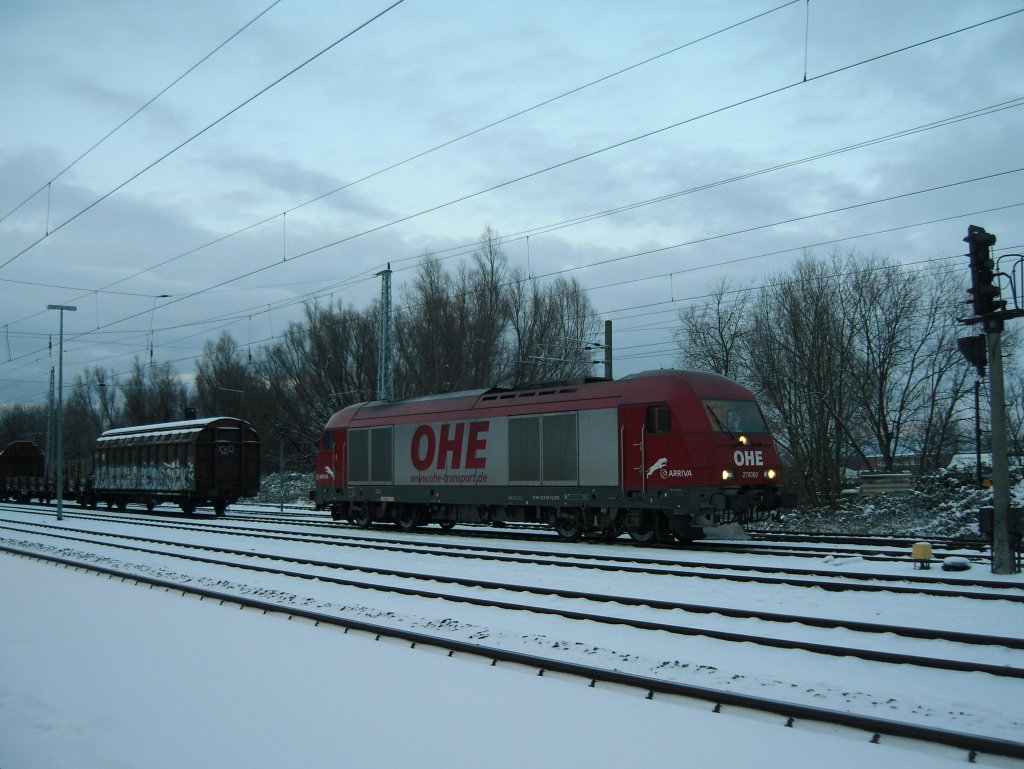 OHE 270080 im Gbf Bramow. Sie hat einen Holzleerzug nach Rostock-Bramow gebracht.
10.01.2010