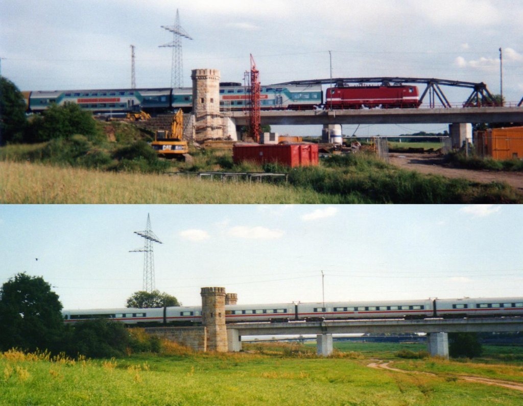 Reise in die Vergangenheit: 1997 - 2007 Eisenbahnbrcke Torgau. An Hand des Bildes ist die Steigung des Brckenwerkes von Beginn der Widerlagertrme zur eigentlichen Elbberquerung zu erkennen. Also nicht das Bild ist schief sondern die Brcke steigt Richtung Fluss.
(c) by Vico Schulze (Fotoscan)