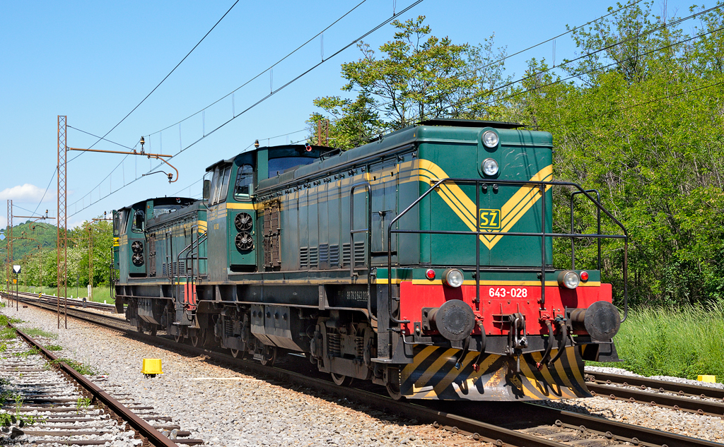 S 643-028+643-014 fahren durch Maribor-Tabor Richtung Maribor Hauptbahnhof. /14.5.2013