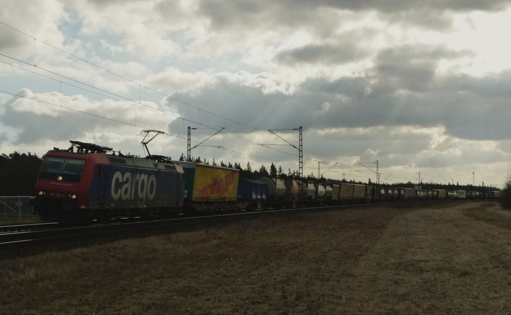 SBB Cargo Re 482 020-5 ist mit einem Containerzug am 20.02.2012 bei Waghusel