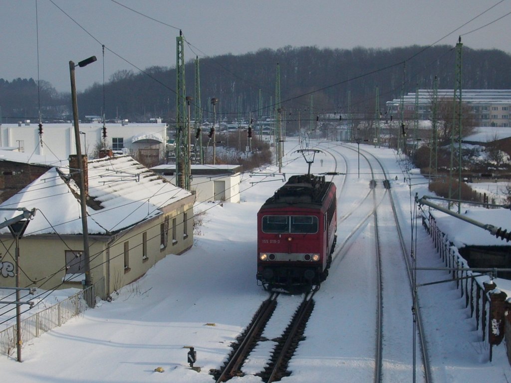 Seddiner 155 019 war,am 05.Februar 2010,als Lz von Mukran kommend,bei der Durchfahrt,durch Bergen/Rgen unterwegs.