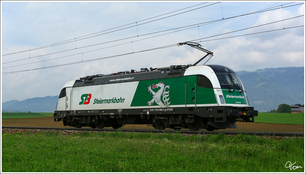 Steiermarkbahn 1216 960 fhrt als Lokzug SLZ 98070 von Bruck Leitha nach Villach Westbahnhof. 
Zeltweg 10.5.2013