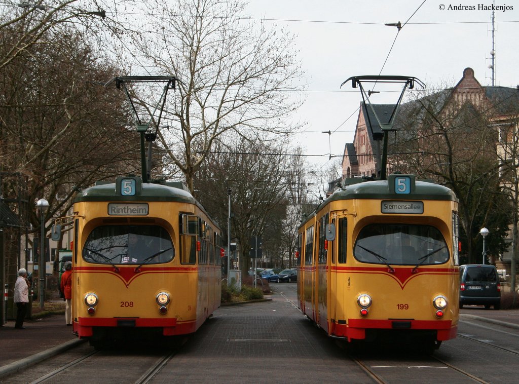 VBK 199 auf Sonderfahrt anllich der TSNV JHV trifft  am Konzerthaus auf  VBK 208 als 5 nach Rintheim 20.3.10