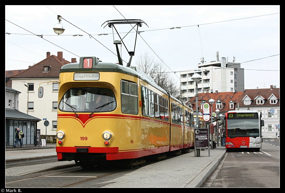 Wagen 199 in Durlach. Aufgenommen am 20.03.10 bei einer Sonderfahrt.