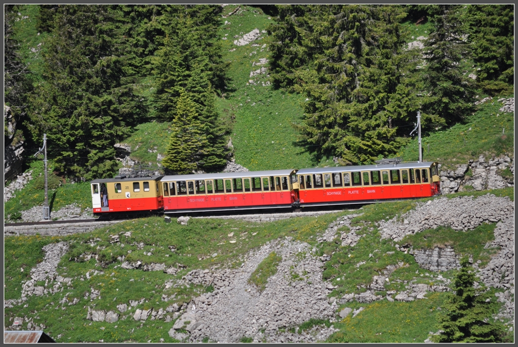 ZUg 642  mit Lok 20 auf Talfahrt auf der Stepfegg. (27.06.2012)