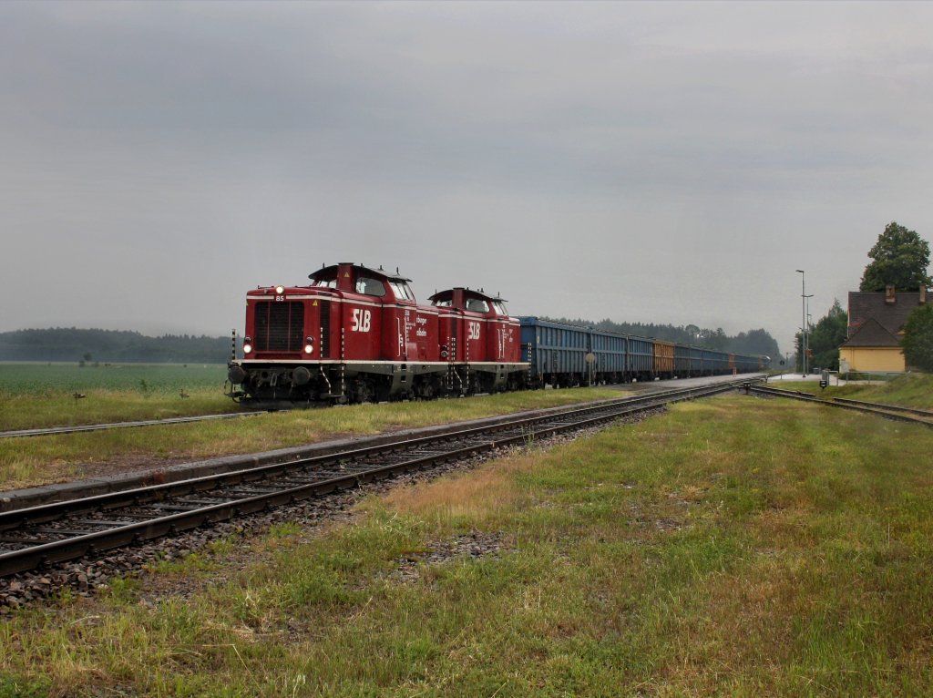 Zwei V 100 der SLB am 11.06.2011 mit einem Gterzug in Tling.