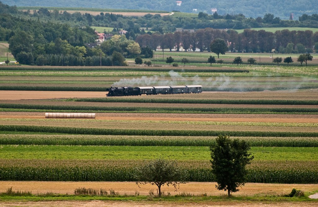 Zwischen Harmannsdorf-Rckersdorf und Mollmannsdorf ist diese Aufnahme entstanden. 52 100 mit REX 7388, unterwegs von Korneuburg nach Ernstbrunn, am 15.08.2010.