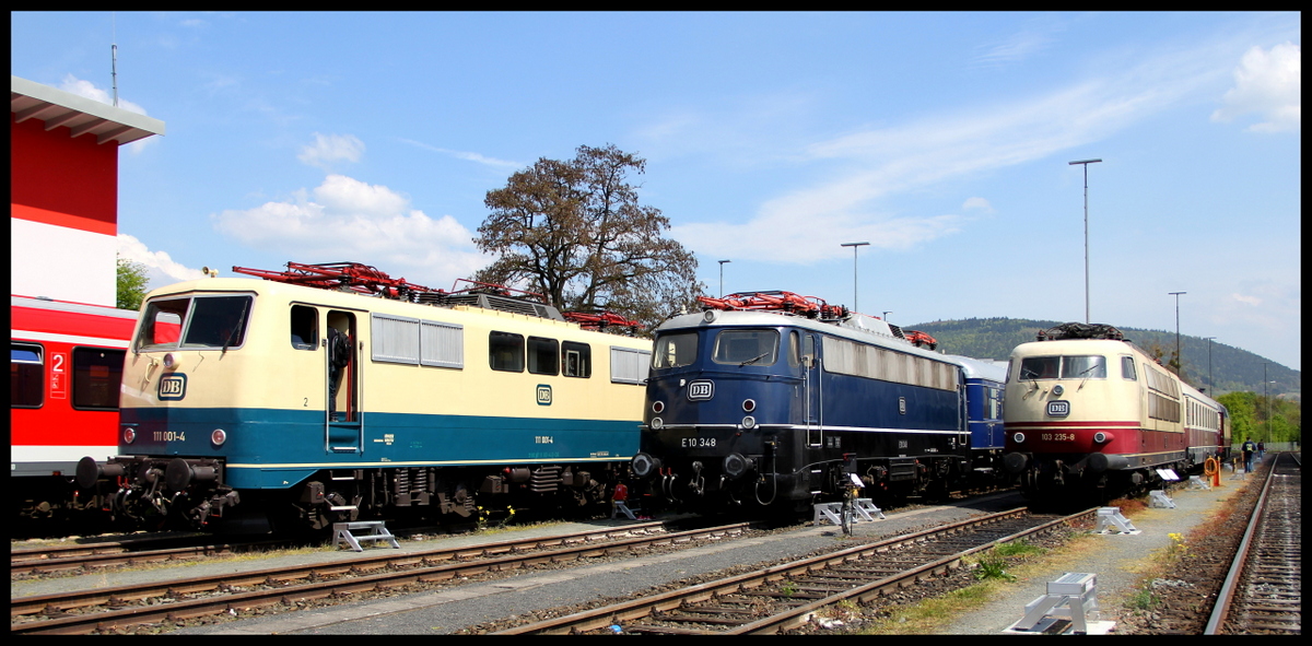 111 001 E10 348 und 103 235 beim Tag der offenen Tür bei der WestFrankenBahn in Miltenberg am 01.05.16