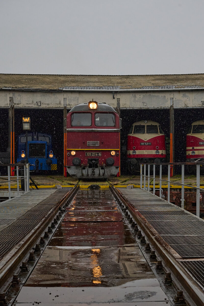 120 274 wartet im strömendem Regen vor dem Arnstädter Lokschuppen auf neue Einsätze. (Fotoveranstaltung 27.07.2024). Neben ihr warten im Schuppen 102 965 und 118 749.