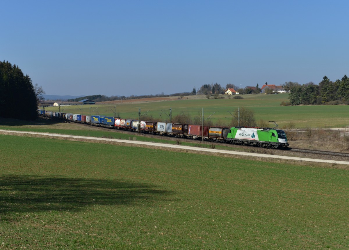 1216 954 mit einem Containerzug am 13.03.2014 bei Sinngrün.