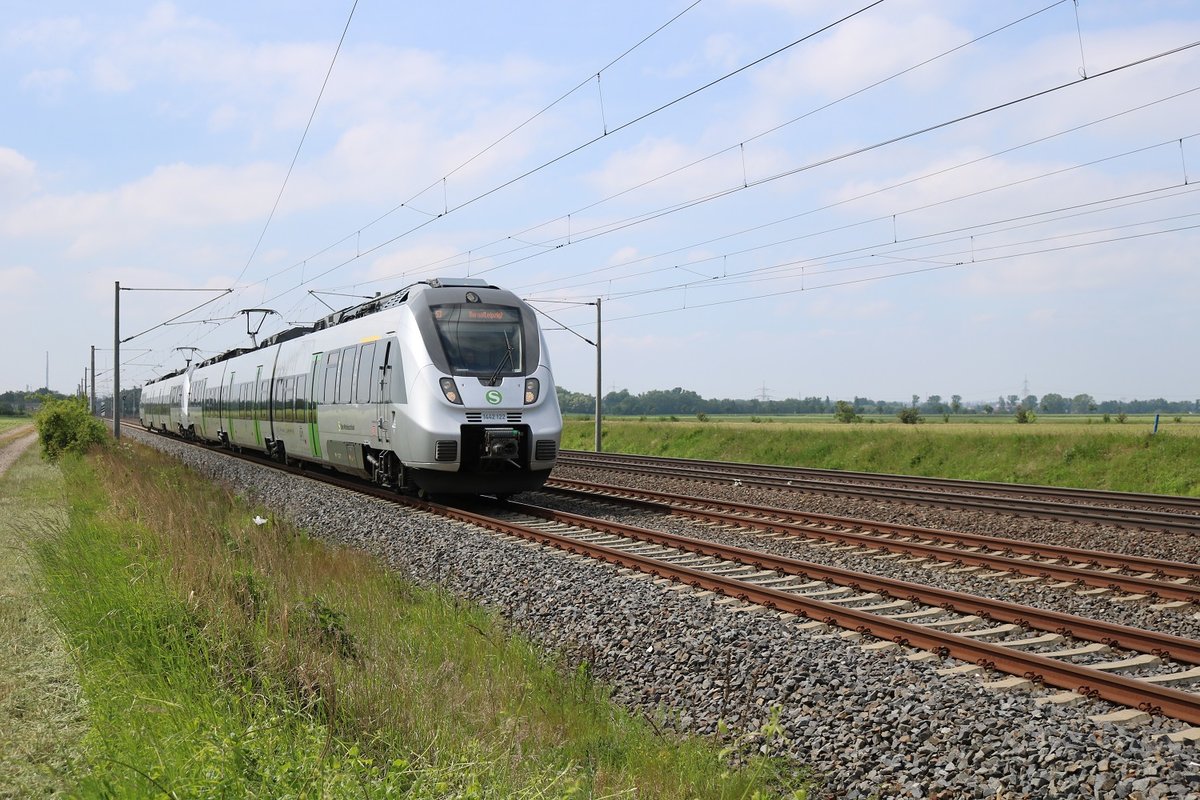 1442 122 und 1442 113 (Bombardier Talent 2) der S-Bahn Mitteldeutschland als S 37343 (S3) von Halle-Trotha nach Borna (Leipzig) fährt bei Benndorf auf der Bahnstrecke Magdeburg–Leipzig (KBS 340). Grüße an den Tf! [25.5.2017 - 14:55 Uhr]