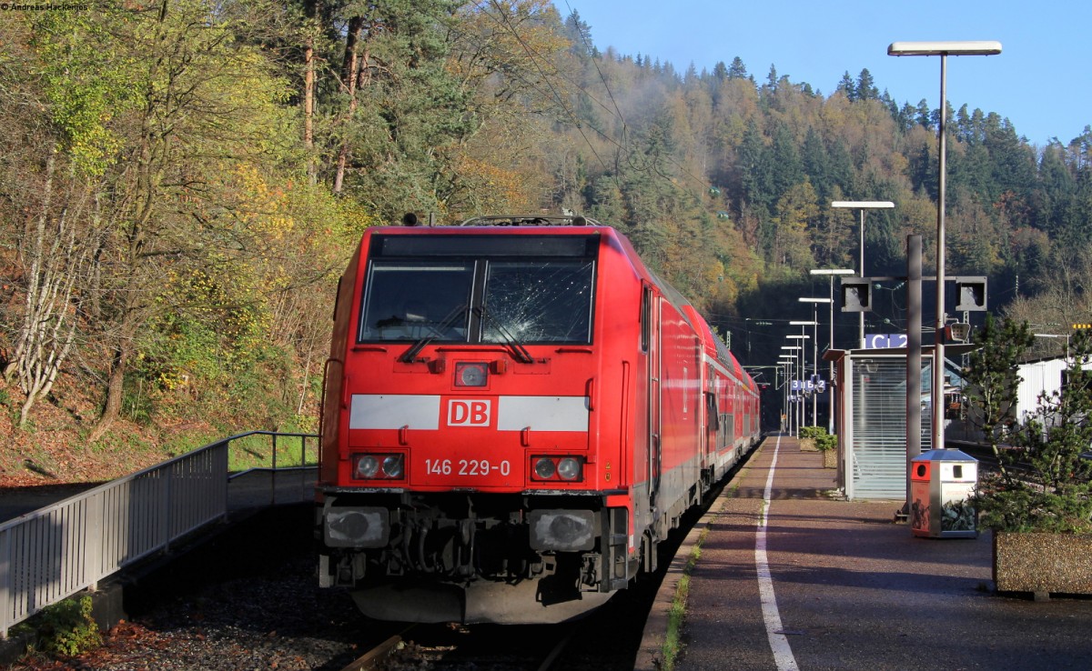 146 229-0 fuhr am 4.11.13 mit dem 4725 zwischen Niederwasser und Triberg in mehre Bume, am 5.11.13 dem Morgen danach stand sie in Triberg