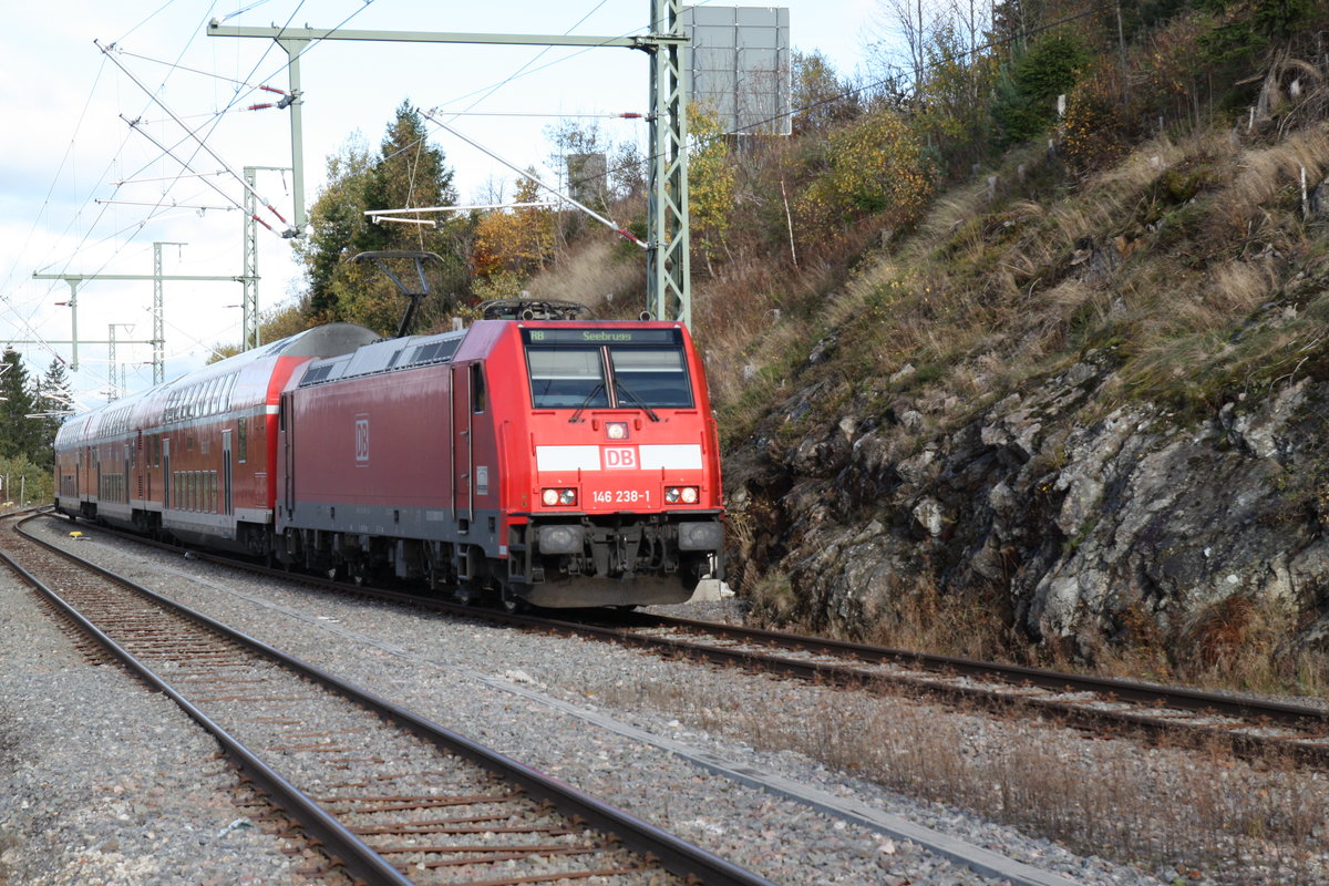 146 238-1 mit Regionalzug am 24.10.2017 auf der Dreiseenbahn bei der Einfahrt im Bahnhof Feldberg-Bärental