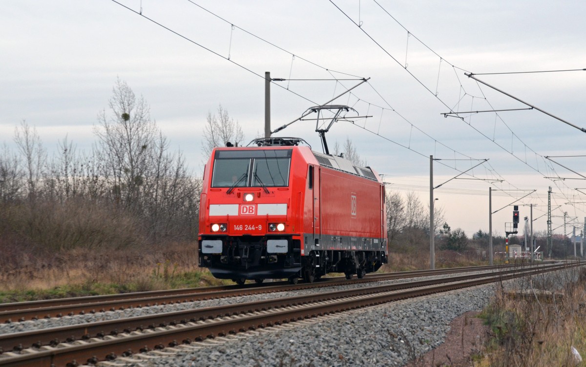 146 244 vom Werk Nürnberg war am 19.12.13 von Bitterfeld kommend durch Greppin unterwegs. Nach einer Probefahrt war sie auf dem Weg ins Werk Dessau. 