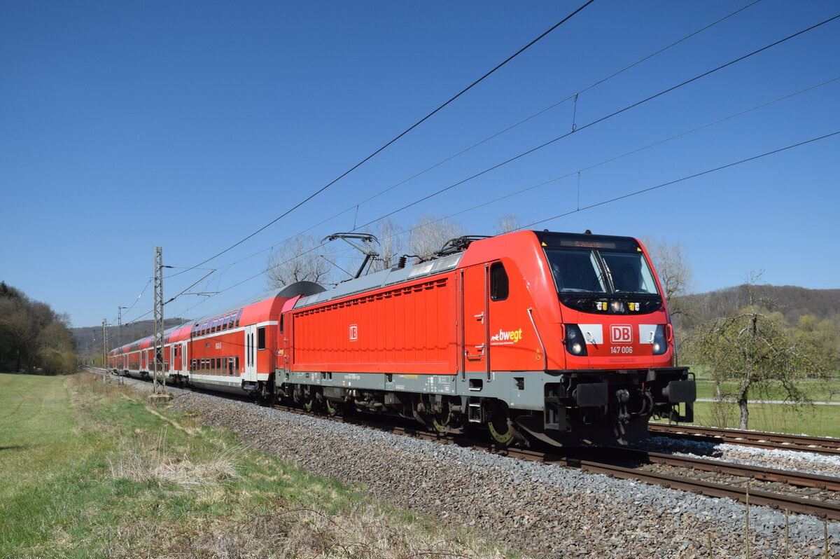 147 006 im April 2020 bei Kirchentellinsfurt auf dem Weg nach Stuttgart