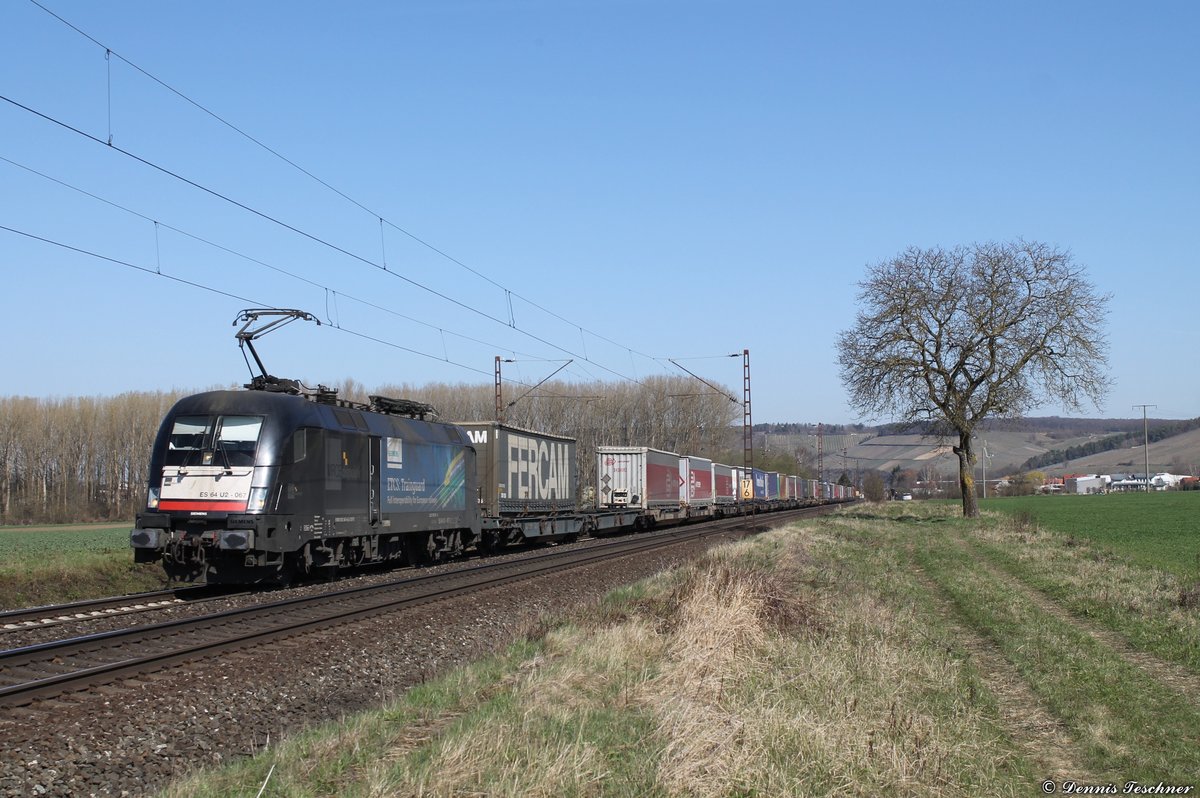 182 567-8 von MRCE kam auch mit KLV bei Retzbach-Zellingen am 28.03.2017 vorbei auf dem Weg in Richtung der Stadt Würzburg