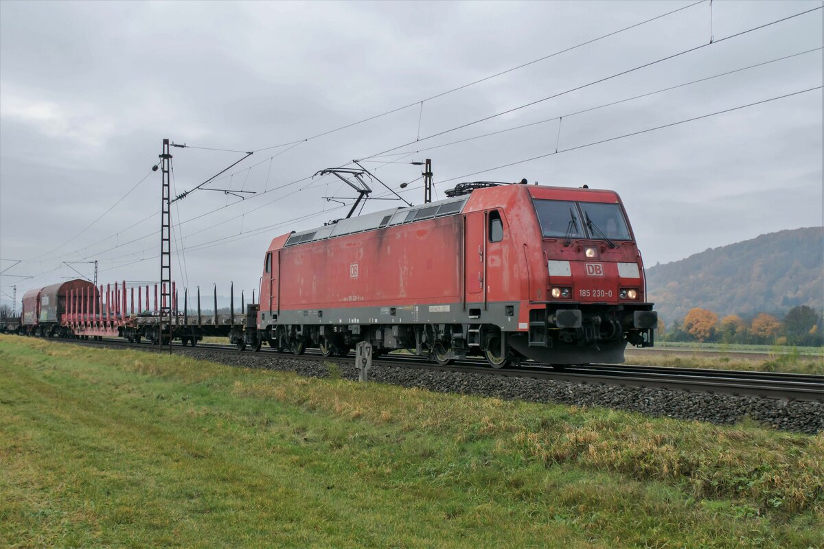 185 230-0 ist am 27.10.2021 mit einen gemischten Güterzug bei Himmelstadt unterwegs.