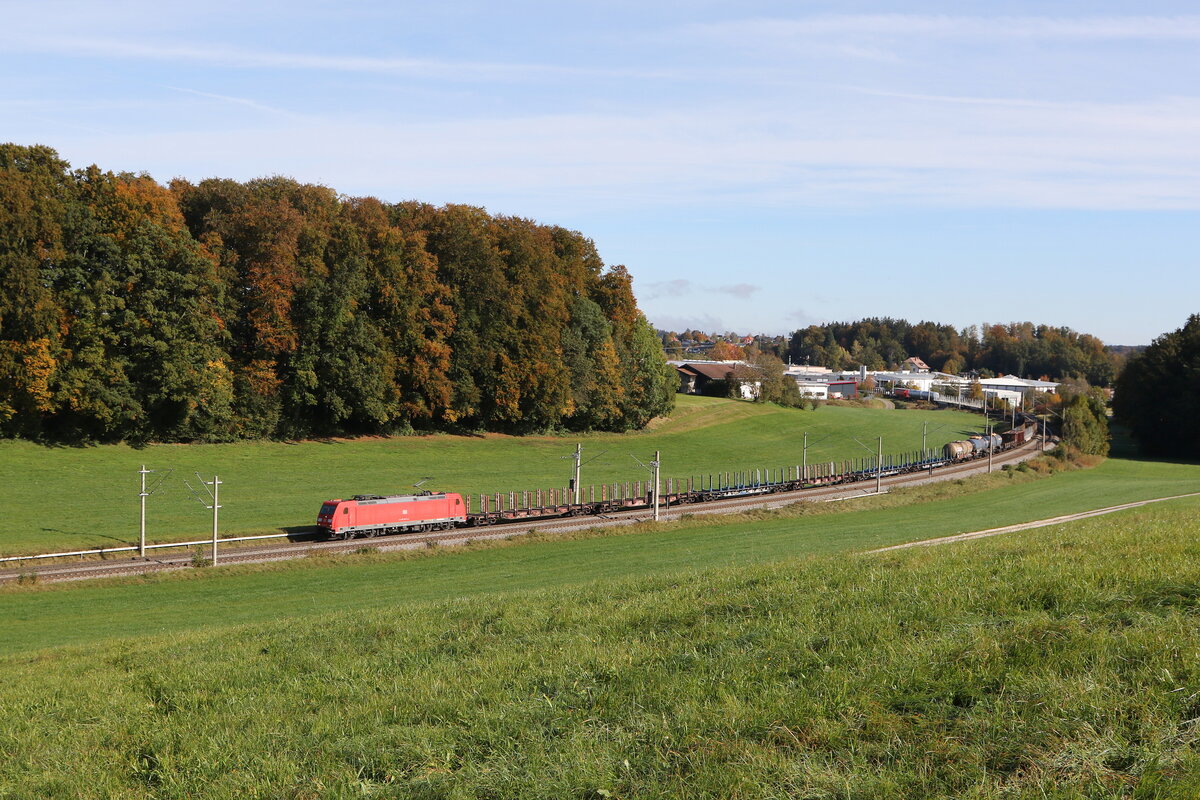 185 274 war mit einem gemischten Güterzug am 12. Oktober 2024 bei Axdorf in Richtung München unterwegs.