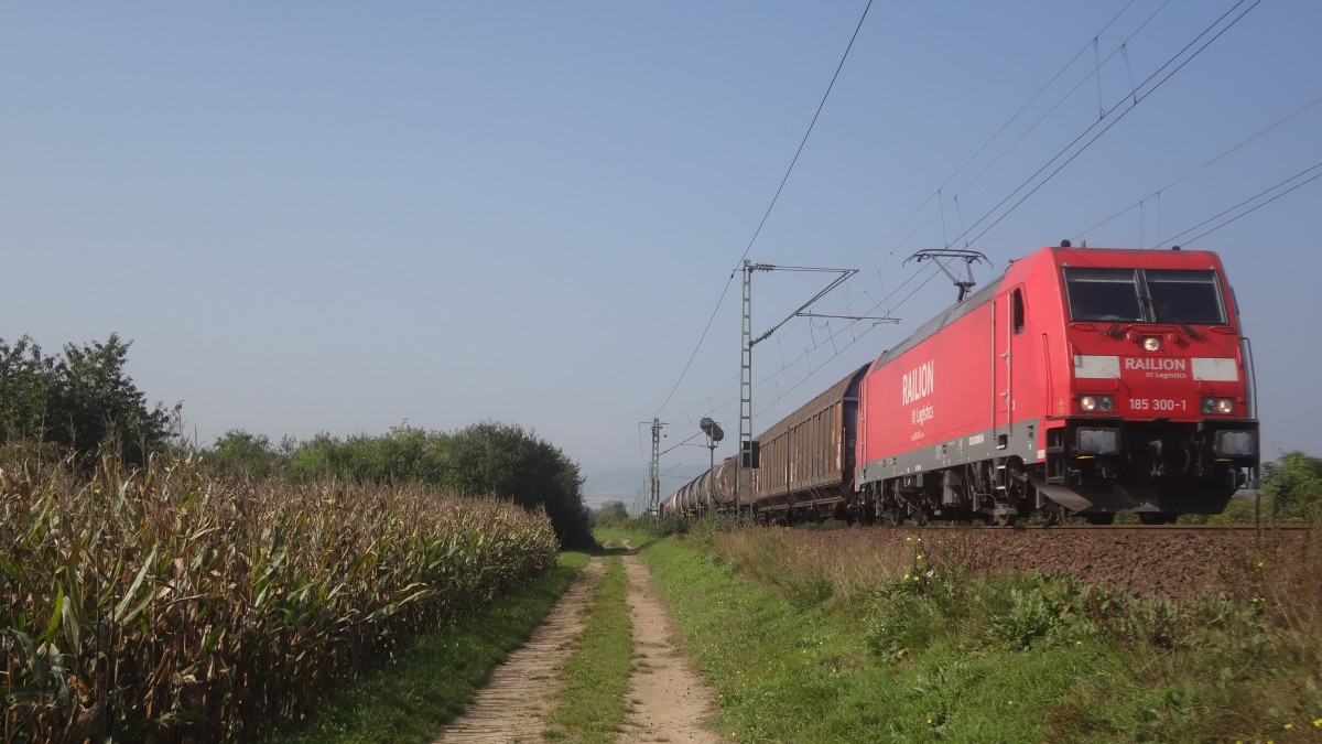 185 300 zog am 3. Oktober 2014 einen Güterzug gen Süden. Hier ist sie bei Gau-Algesheim zu sehen. 