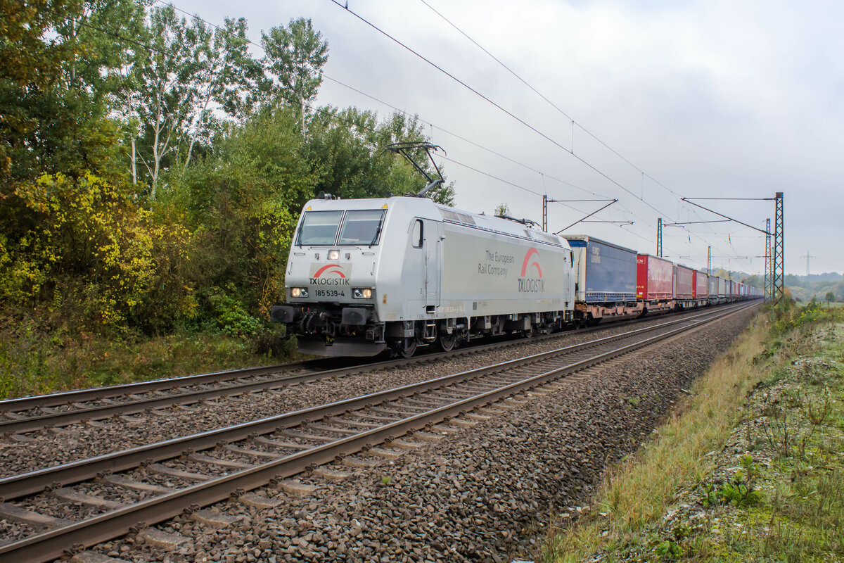 185 339-4 mit einem Aufliegerzug bei Kerzell am 19.10.2022