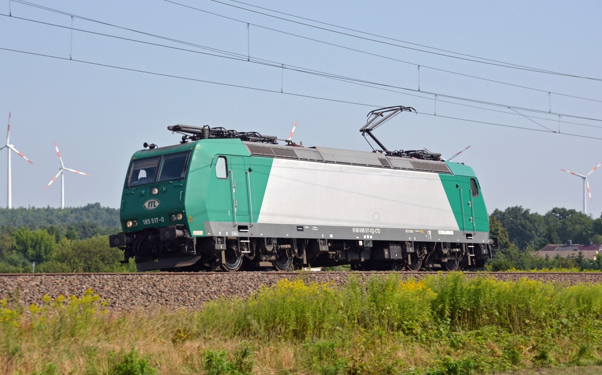 185 517 der ITL fuhr am 10.08.13 Lz durch Burgkemnitz Richtung Bitterfeld.