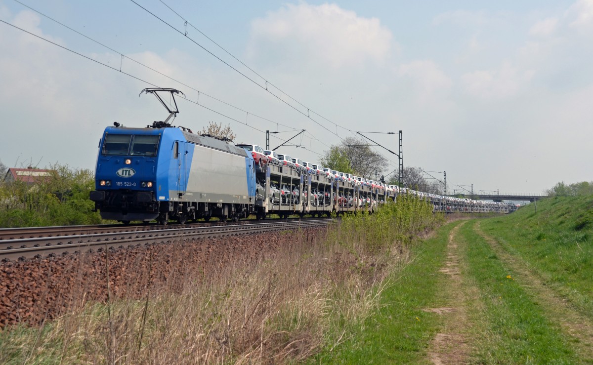 185 522 rollte mit einem Skodazug am 12.04.14 durch Zeithain Richtung Falkenberg(E).