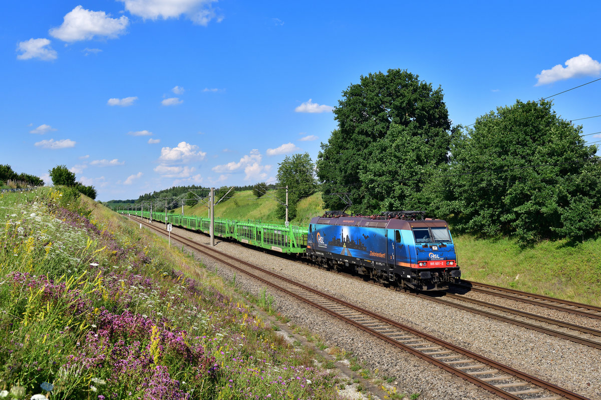 185 601 mit einem leeren Autozug am 20.07.2020 bei Vierkirchen.