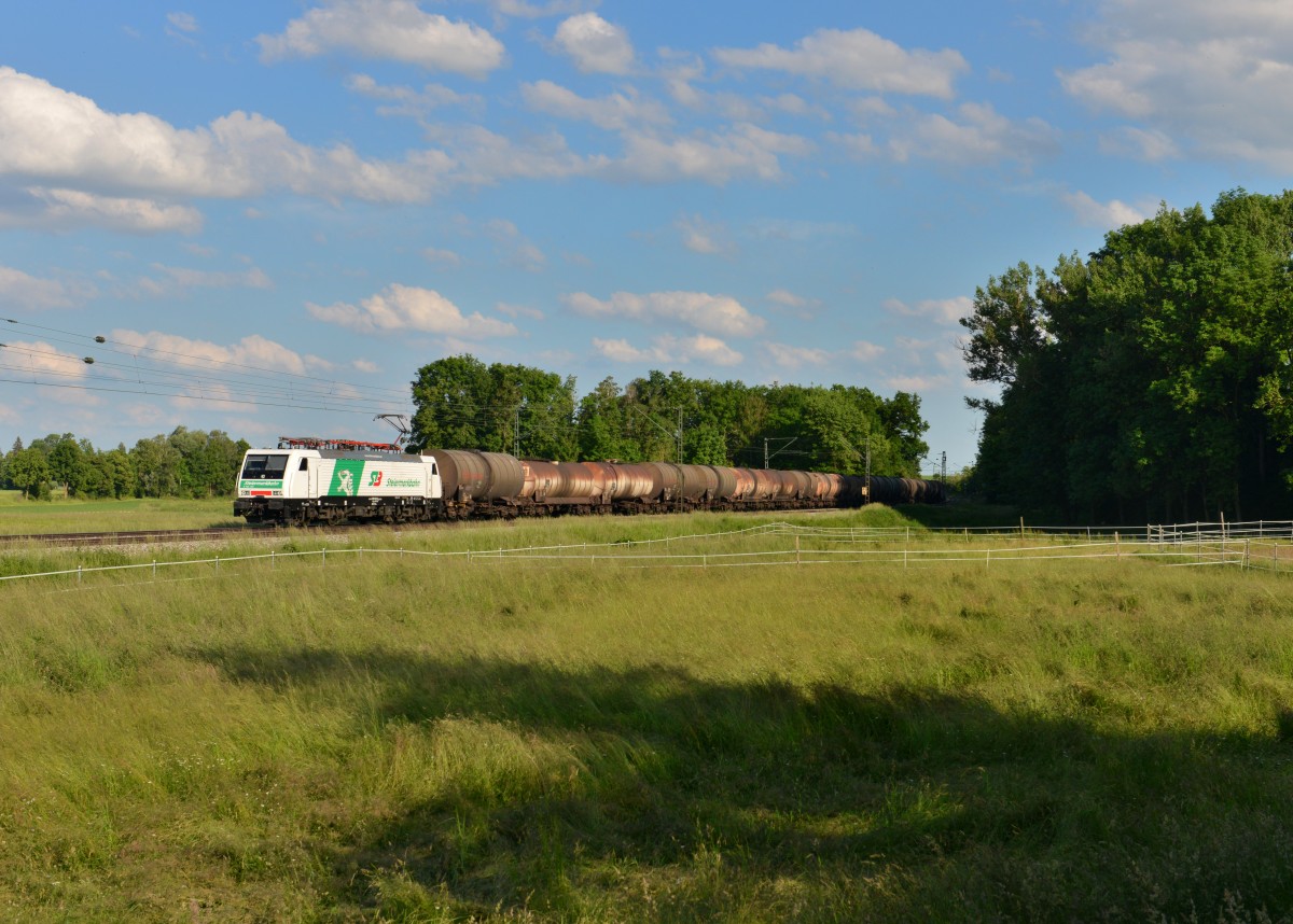 189 822 mit einem Kesselzug am 02.06.2015 bei Schwarzwöhr.