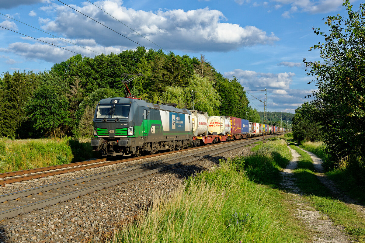 193 251 ELL/WLC mit einem Containerzug bei Postbauer-Heng Richtung Nürnberg, 13.07.2020