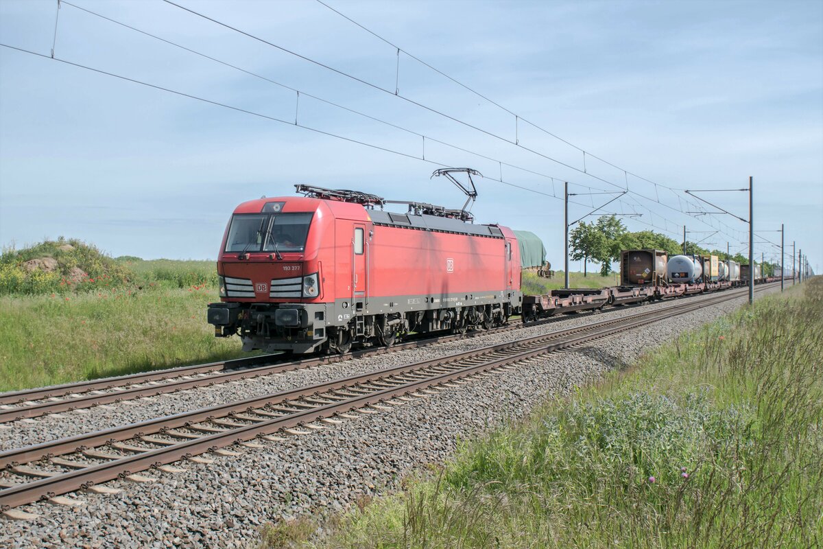 193 377-9 zu sehen mit einen Aufliegerzug am 01.06.2021 bei Braschwitz.