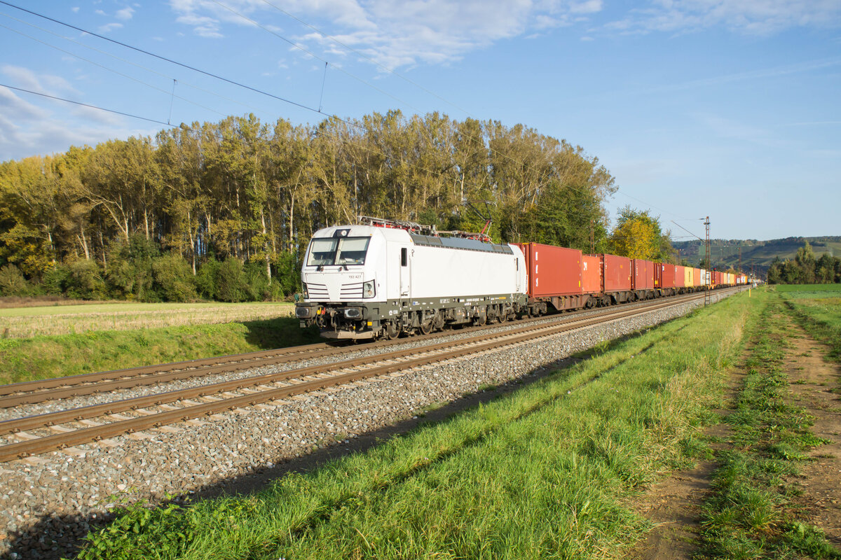 193 427-2 gesehen am 16.10.2024 mit einem Containerzug,bei Retzbach-Zellingen.