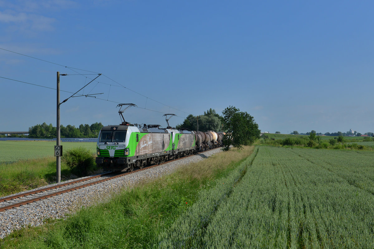 193 831 + 193 204 mit einem Knickkesselzug am 10.06.2016 bei Wallersdorf. 