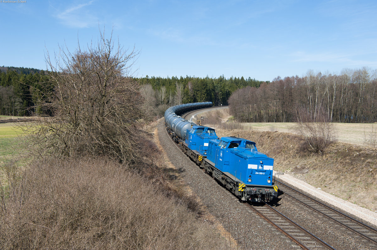 204 009-9 und 204 036-6 der Press mit einem Kesselzug nach Weiden-West bei Oberteich, 07.04.2018