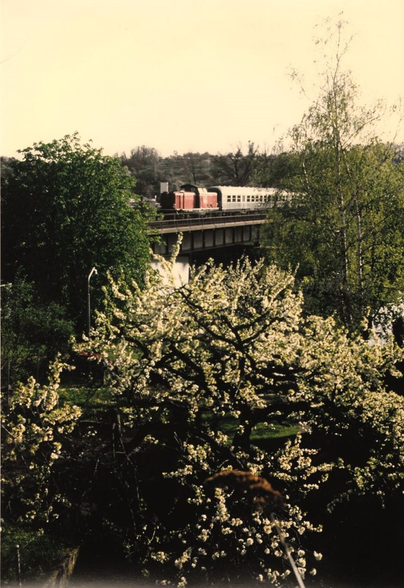 20.April 1993 auf der Neckarbrücke  von Bad-Wimpfen kommend 212 145-7 ( Bw RK) mit N7933 von Heidelberg nach Heilbronn einfahrend Bf. Bad-Friedrichshall