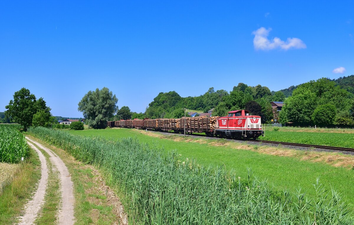 211 061 mit einem Holzzug am 30.06.2022 bei Halbmeile.