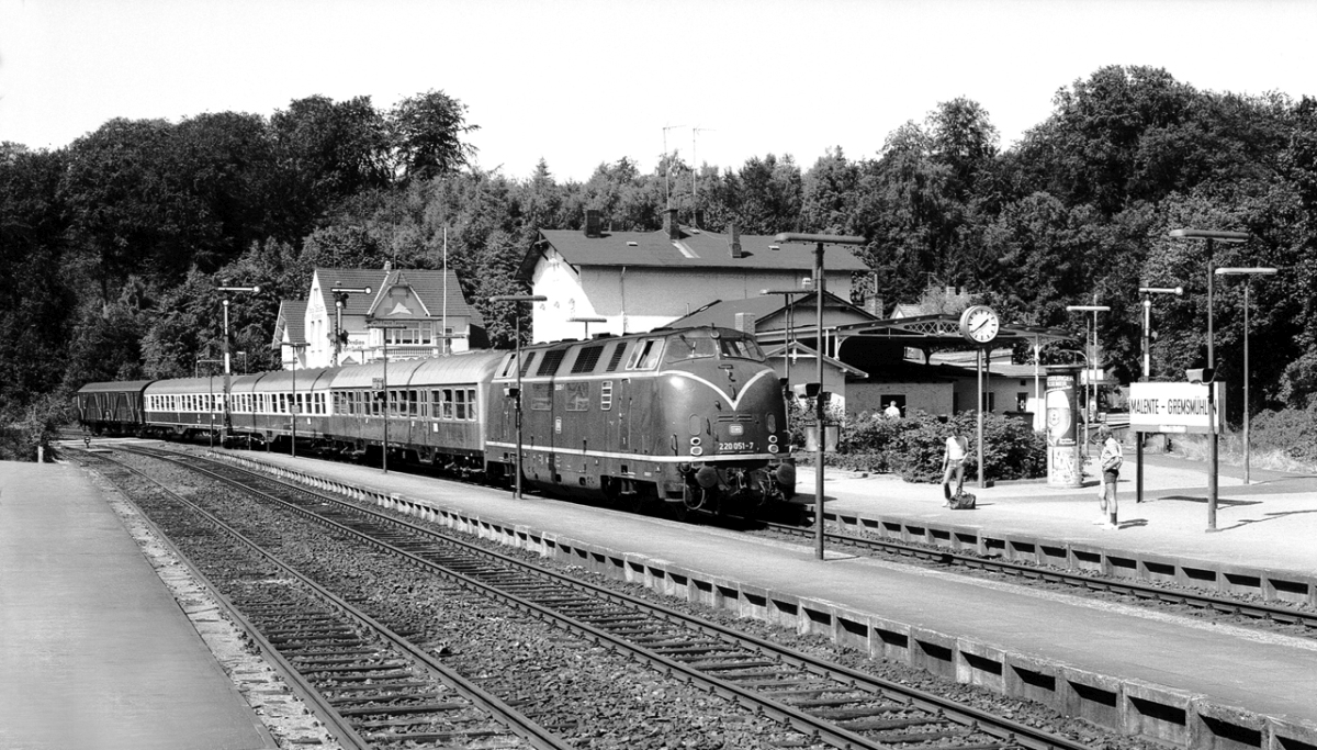 220 051 mit Eilzug in Malente-Gremsmhlen (11.8.1983).