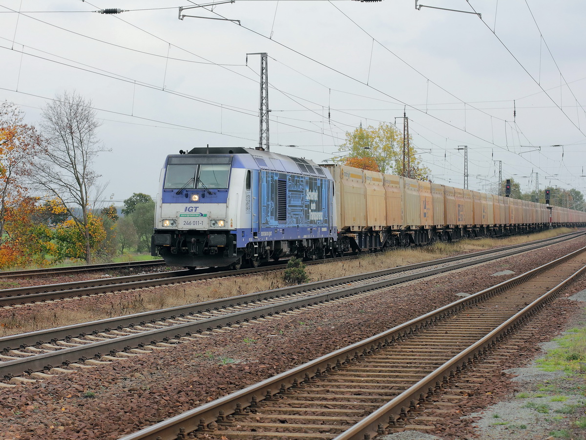 246 011-1 der IGT - Inbetriebnahmegesellschaft Transporttechnik mbH fr Raildox GmbH & Co. KG durchfhrt den Bahnhof Saarmund  am 20. Oktober 2013 mit mit einem Hackschnitzelzug. 