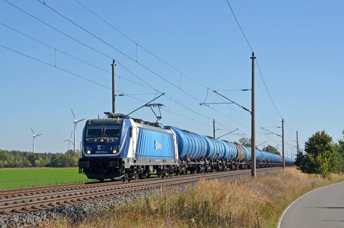 388 004 der CD Cargo führte am 22.09.24 einen Kesselwagenzug durch Wittenberg-Labetz Richtung Dessau.