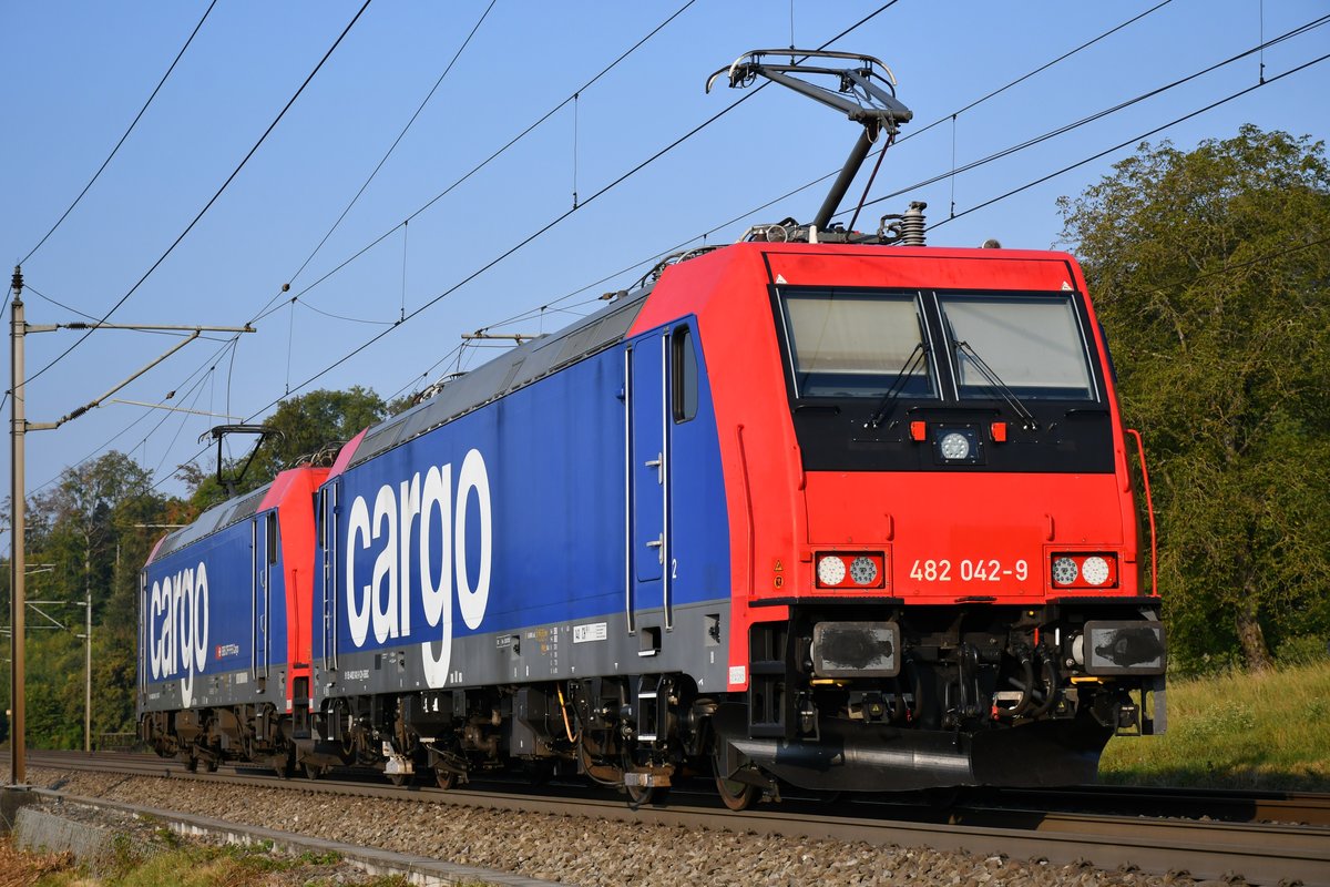 482 046-0 ist zusammen mit 482 042-9 von Islikon in Richtung Basel unterwegs, um einen weiteren Zuckerrübenzug abzuholen. Aufgenommen bei Umiken AG (CH) am Morgen des 17.09.2020.