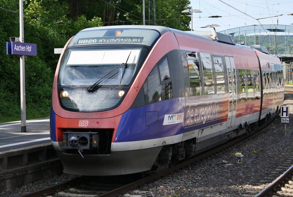 643 201-6 erreicht am 26.05.2019 als RB20 (RB30565) von Alsdorf-Annapark nach Stolberg-Altstadt den Aachener Hauptbahnhof.