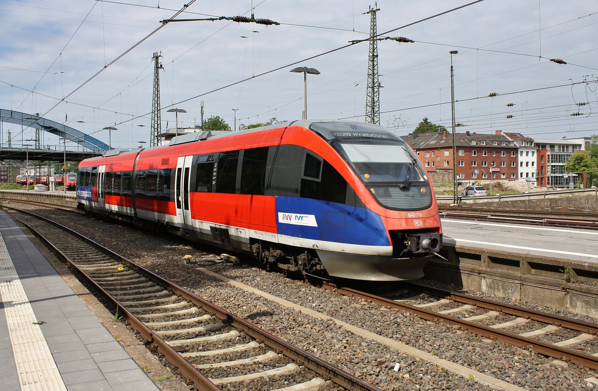 643 719-7 erreicht am 26.05.2019 als RB20 (RB30015) von Stolberg(Rheinl) Hauptbahnhof nach Düren den Aachener Hauptbahnhof.