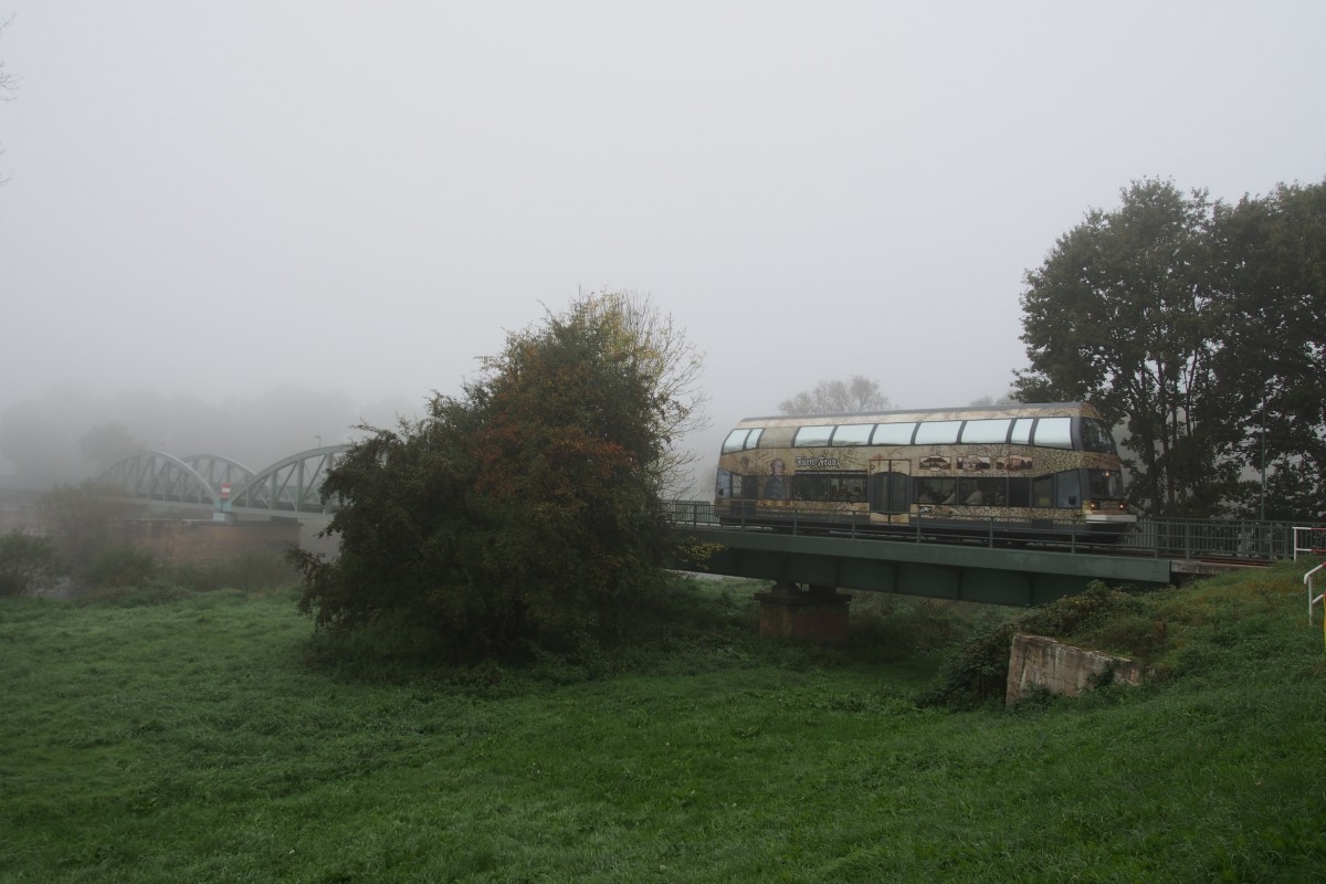 670 004  Fürst Franz  überquert an einem nebligen Samstag Morgen die Mulde bei Dessau, um weiter Richtung Wörlitz zu fahren.

Dessau, der 4. Oktober 2014