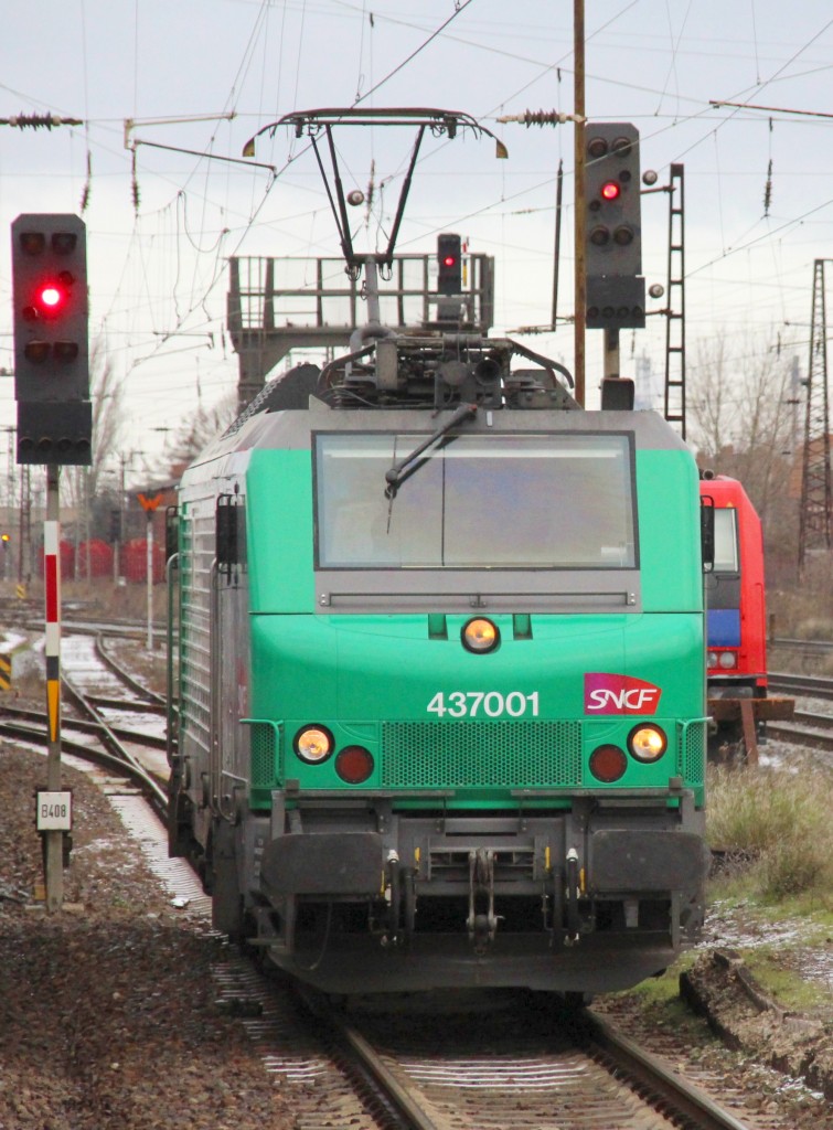 7.12.2013 Großkorbetha. Akiem 437001 wartet auf Ausfahrt Richtung Nord. (aus IC 2250 aufgenommen)