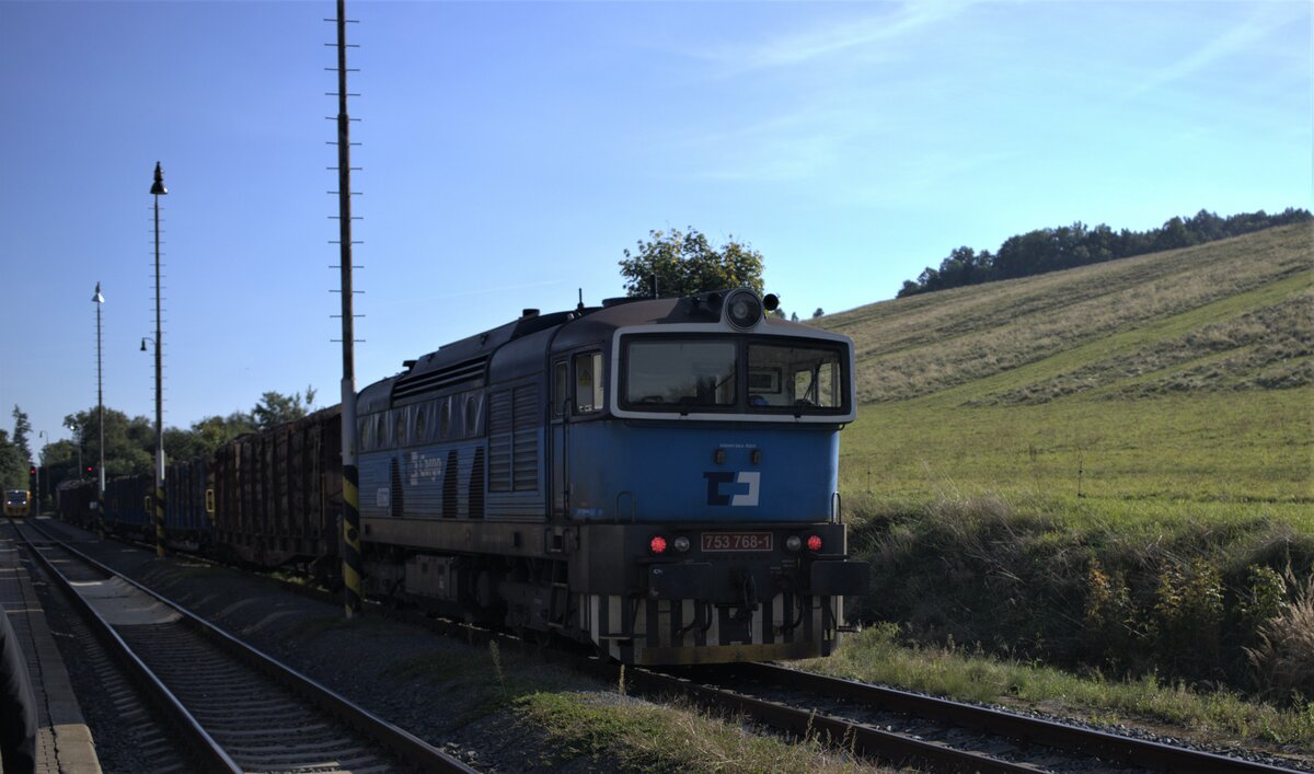 753 768 -1 mit einem Güterzug in Třemešná ve Slezsku  01.10.2021 15:29 Uhr.