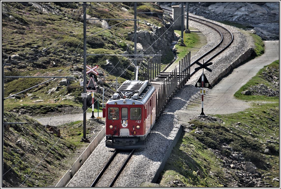 ABe 4/4 II 47 mit leeren Holzwagen auf dem Weg nach Pontresina unweit von Ospizio Bernina. (19.06.2019)