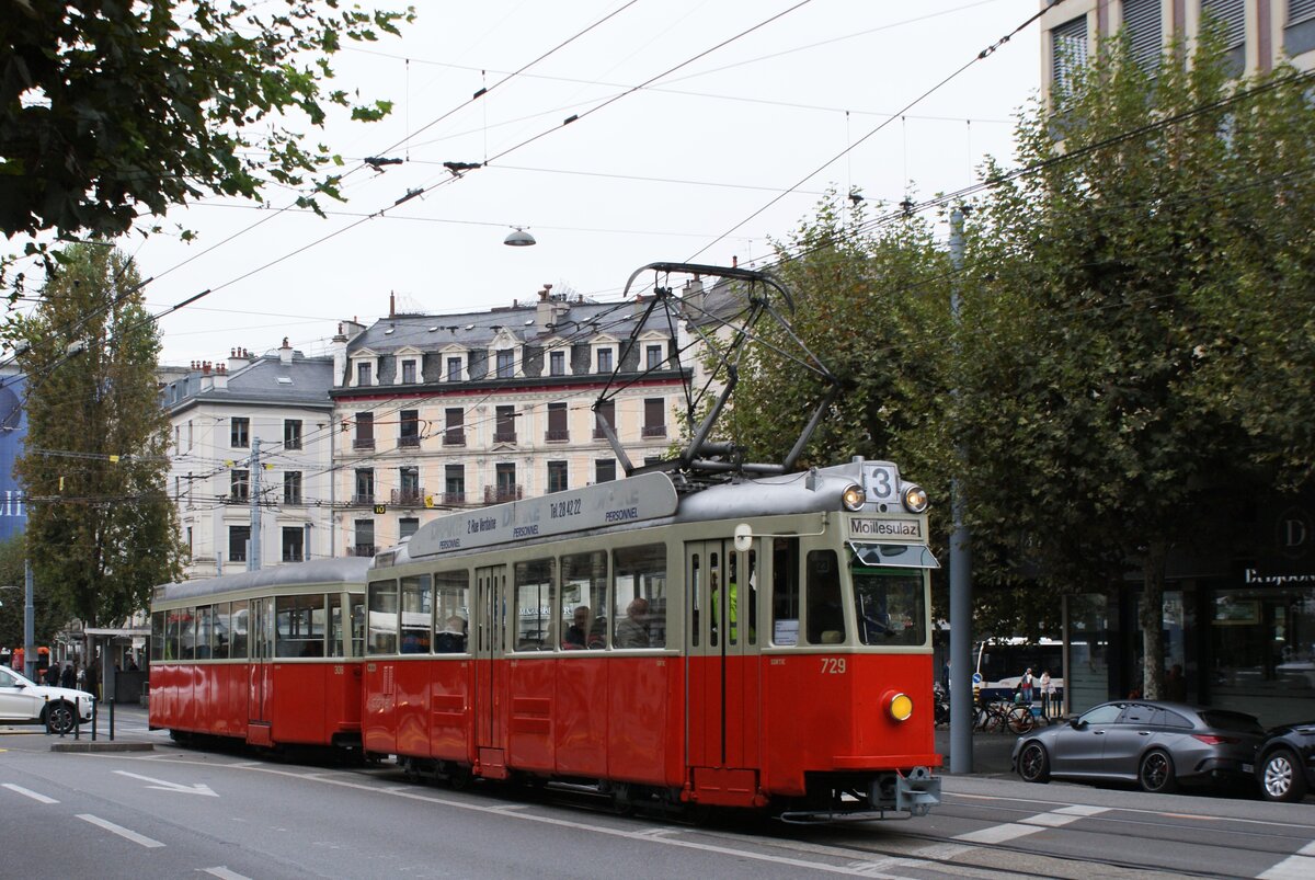 AGMT Association Genevoise du Musée des Tramways: Be 4/4 729 (SWP/Sécheron 1952) + B 308 (FFA 1951), Linie 3 Rive-Plainpalais-Rive-Moillesulaz-Rive, Rond-Point-de-Rive/Cours de Rive, Genf, 3. November 2024 ( Festval Trams ).