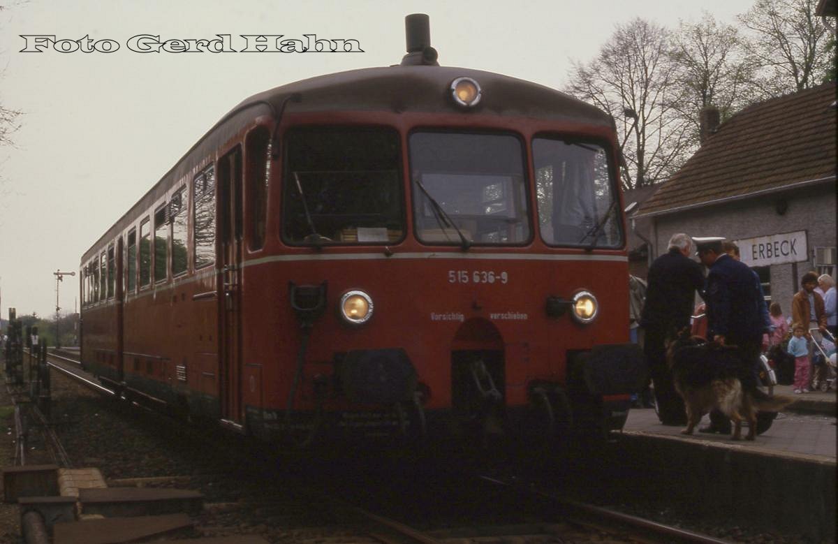 Akku Triebwagen 515626 brachte am 1.5.1988 um 12.00 Uhr Besucher zum Bahnhofs Fest
nach Billerbeck!