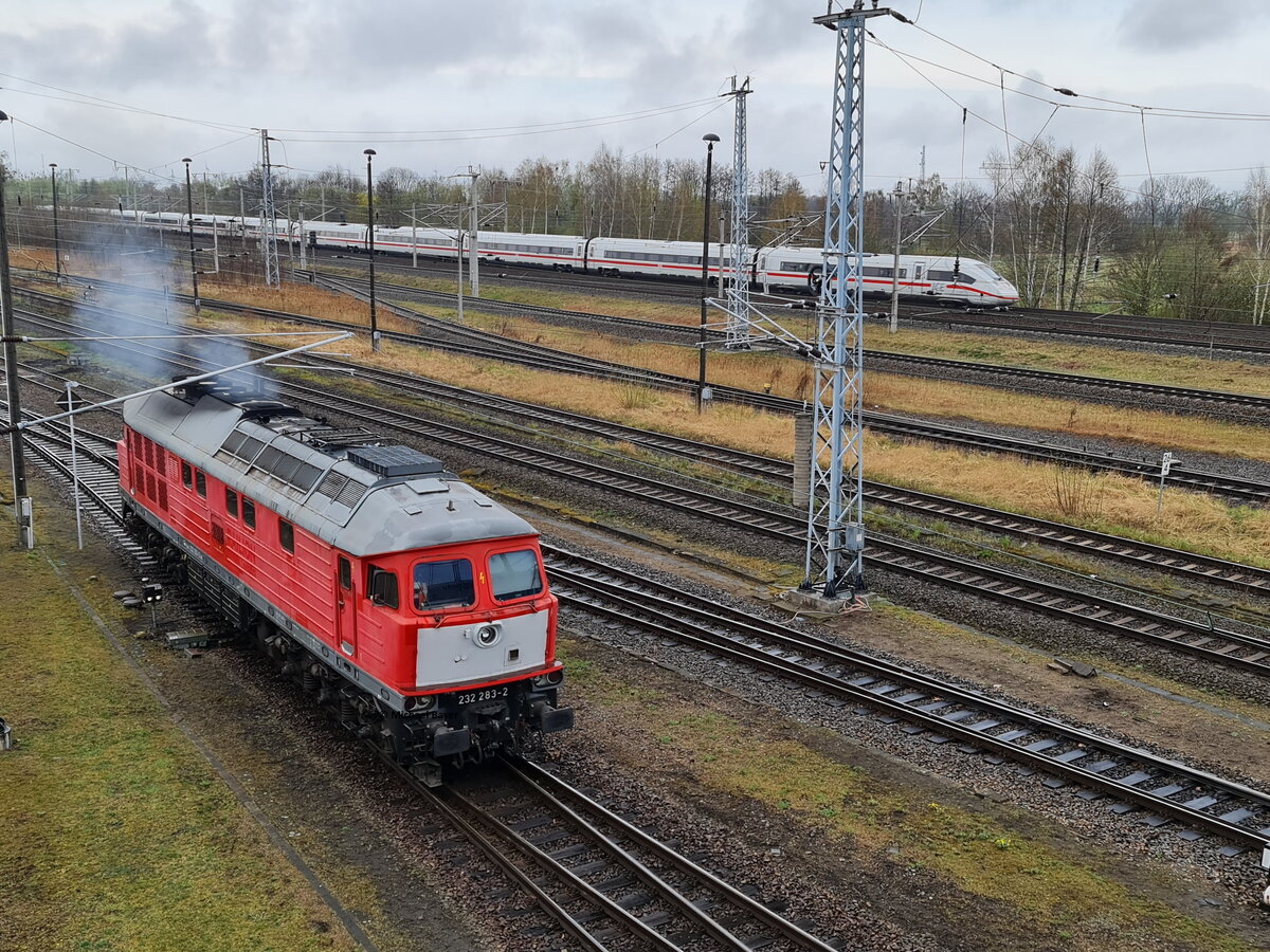 Am 14.04.2022 setzte die Lok 232 283-2 (NVR-Nummer: 92 80 0232 283-2 D-WFL) der Firma WFL - Wedler & Franz GbR Lokomotivdienstleistungen in Elstal um. Beim Beschleunigen kam gerade ein ICE 4 in Richtung Berlin ins Bild. Das Bild enstand auf der großen Fußgängerbrücke.

